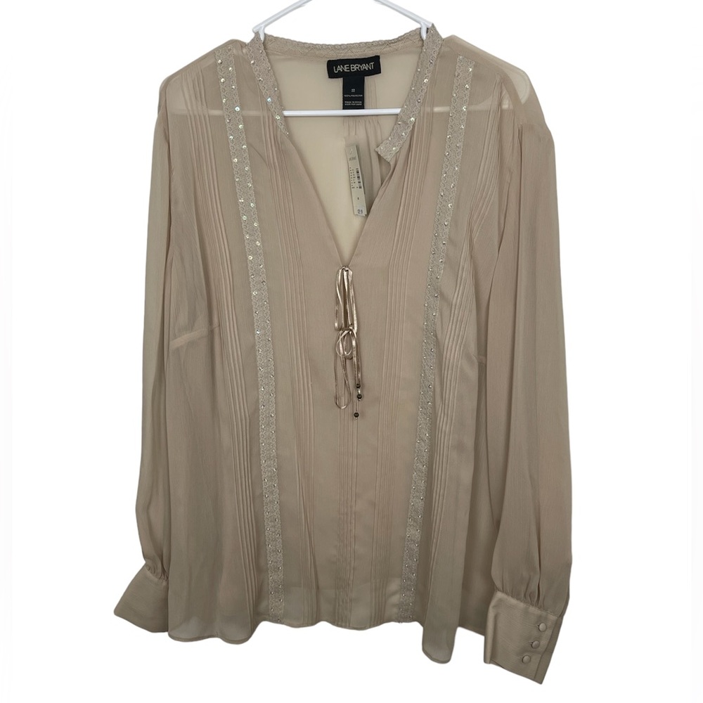 Lane Bryant tan beige sheer blouse with tie front and sparkles on collar